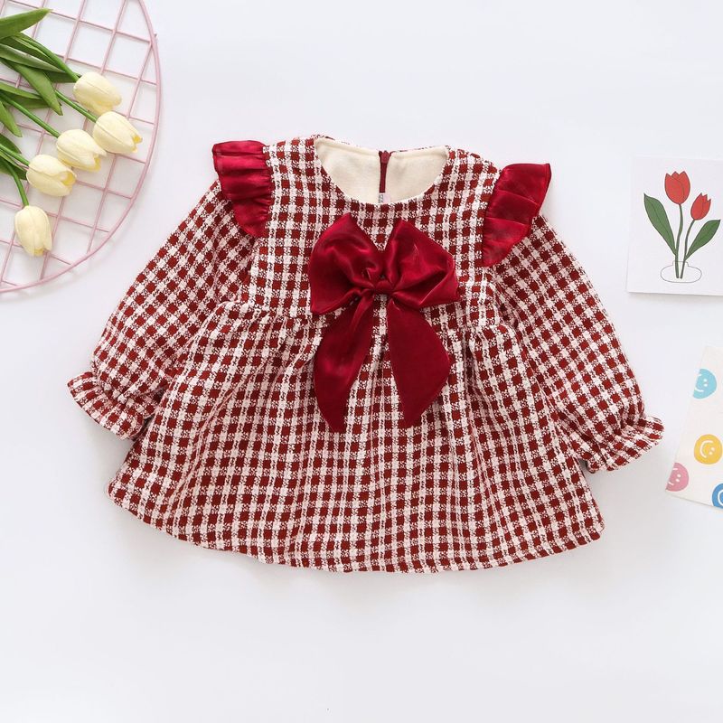 Girl's bow one year old long sleeved plush dress 2023 new autumn and winter children's clothing small fragrance style_voghion.com