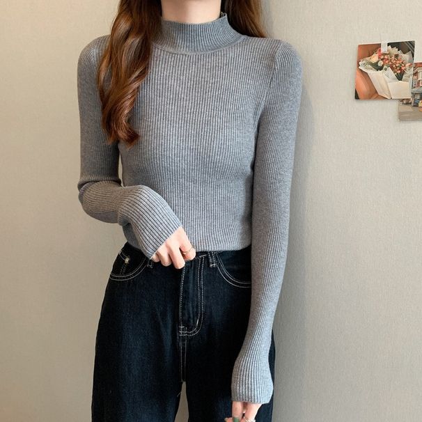 Damen-Strickpullover mit Halbrollkragen, schmale Passform, langärmlig, dehnbar, Basic-Oberteil für den Lagenlook im Herbst und Winter_voghion.com