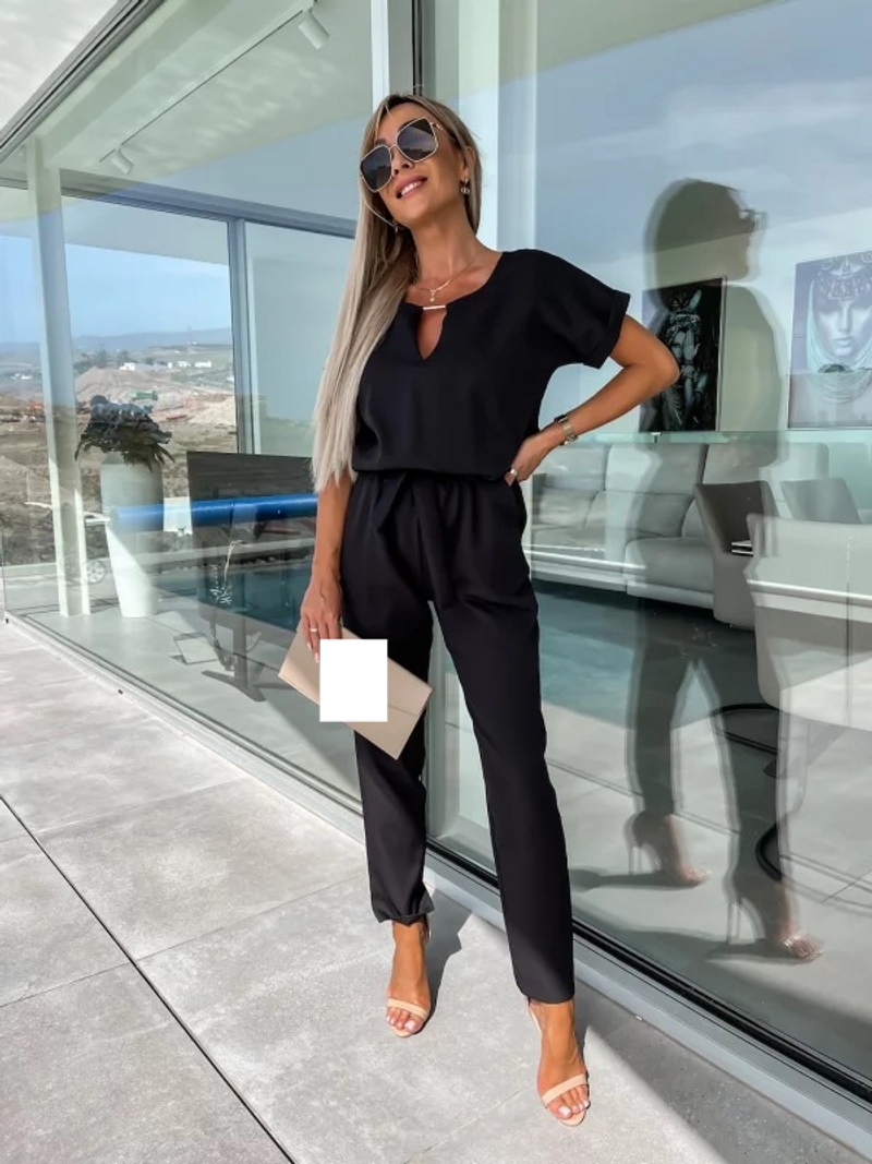 Women's New V-neck Short Sleeve Copper Tube Decorative Belt Jumpsuit Nine-point Pants_voghion.com