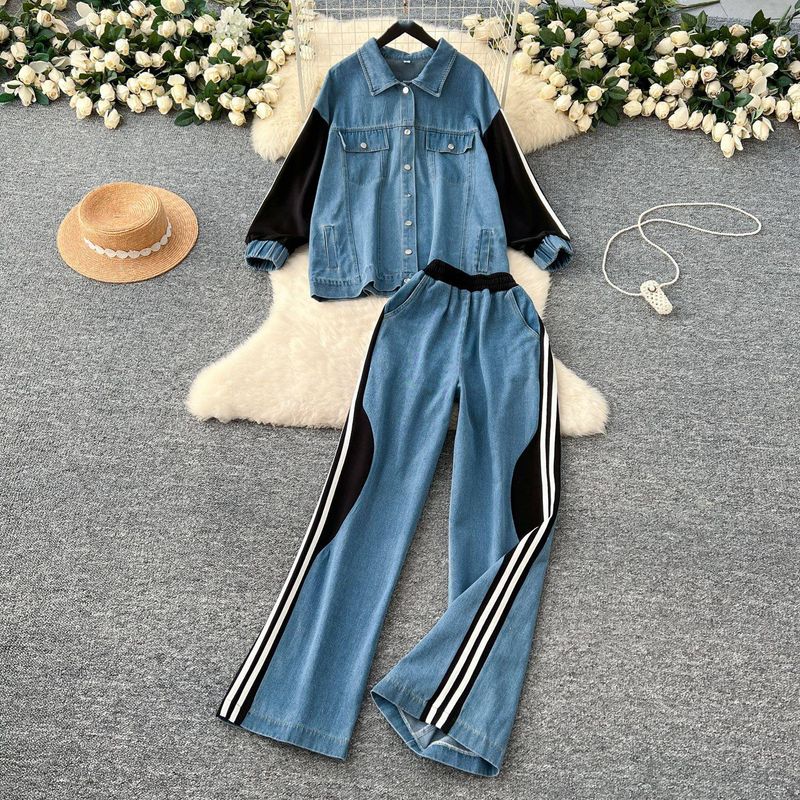 Women's Clothing Casual Fashion Sports Denim Two Piece Suit For Women Loose Color Matching Long Sleeved Top High Waist Straight Trousers Suit_voghion.com