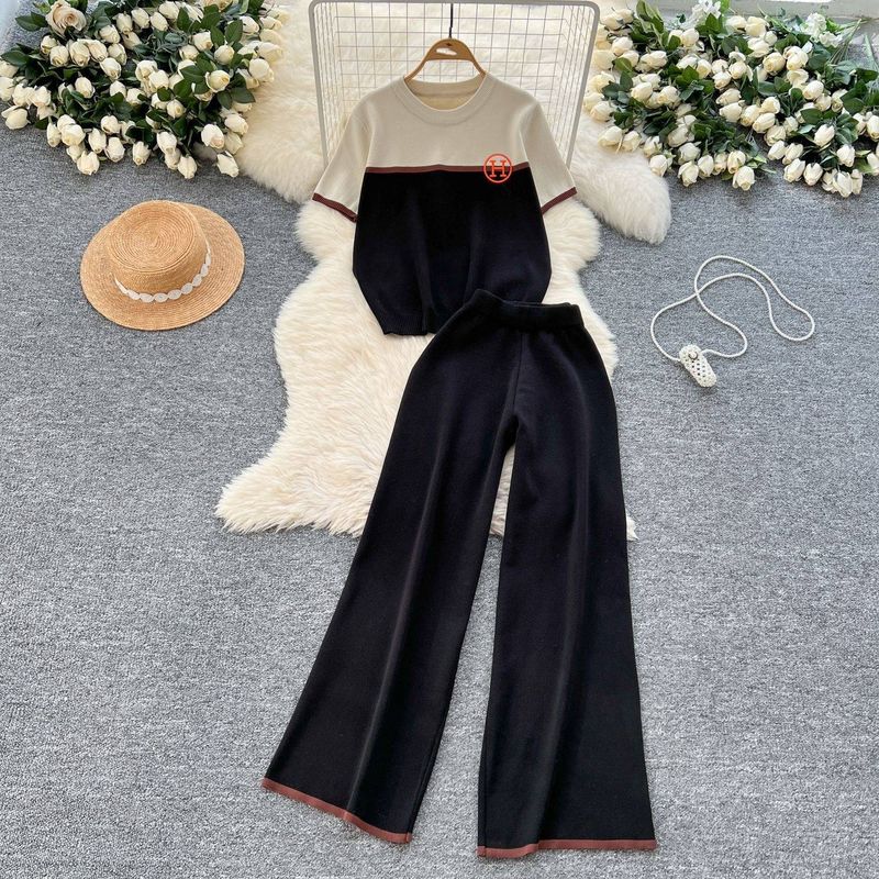 Damenbekleidung Zweiteiliger Anzug für Damen im Sommer Modischer, farblich passender Rundhalsausschnitt, kurzärmliges Oberteil, hohe Taille, weites Bein, gerader Hosenanzug_voghion.com