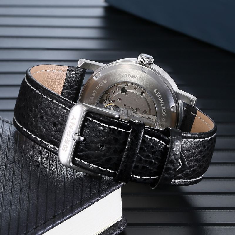 BERNY Automatic Watches For Men Minimalist 5ATM Waterproof Analog Mechanical Leather Watch With Date Luminous Stainless Steel Sapphire Wrist Watch_voghion.com