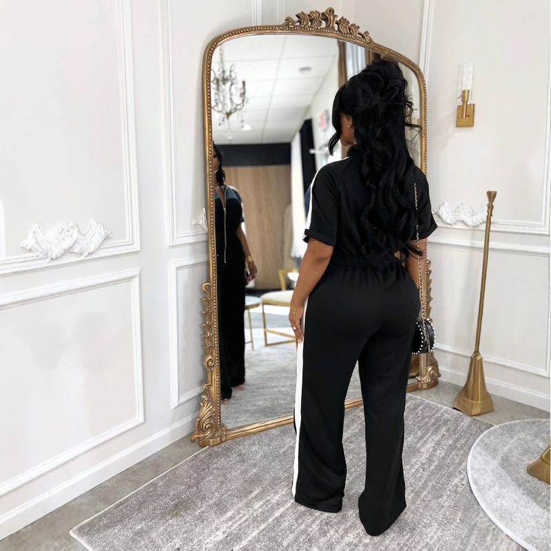 Damenbekleidung Wildleder Stoff Denim Farblich passende Stehkragen Kurzarm Lange Reißverschluss Jumpsuit Hose_voghion.com