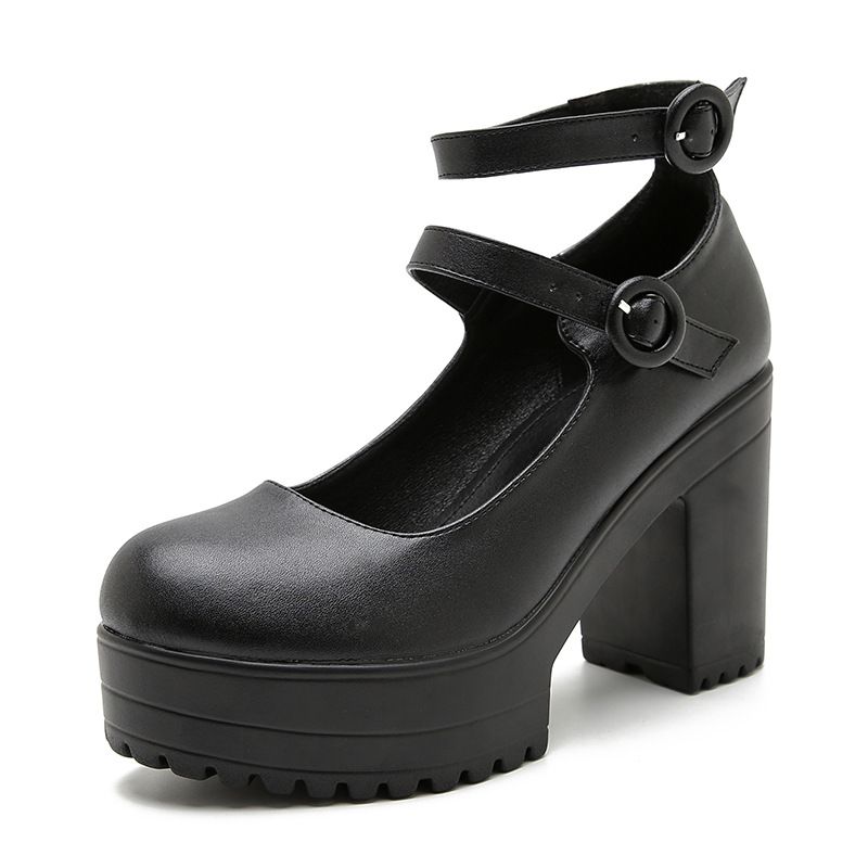 Scarpe Mary Jane da donna con tacco grosso, plateau e fibbia regolabile - Comode décolleté con punta tonda per abbigliamento casual_voghion.com