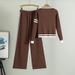 Dameskleding gestreepte contrasterende kleur gebreide cardigan pak dames lente V-hals top jas hoge taille wijde pijpen broek tweedelig pak_voghion.com