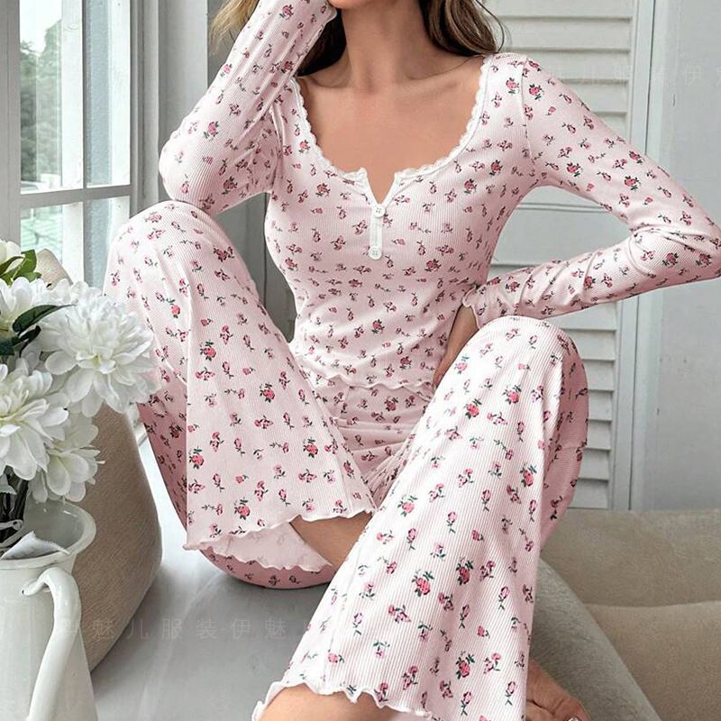 Neue Herbst Europäische und amerikanische Pyjamas Kirsche V-Ausschnitt Stretchhose Damen Home Kleidung Anzug_voghion.com