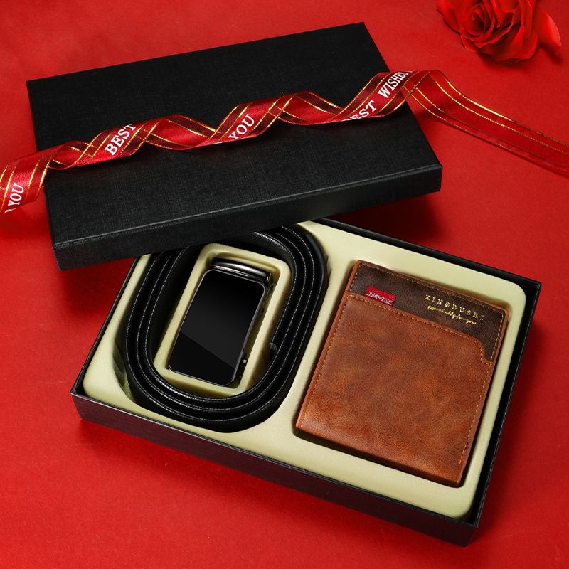 【 Gift Box Set 】 Men's Belt Wallet Combination Set First Layer Cowhide Automatic Buckle Belt Wallet Gift Box_voghion.com