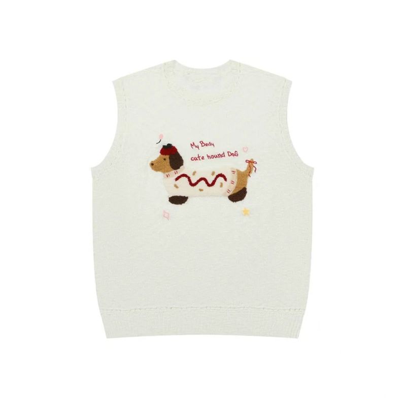 Sweet Revival : Gilet en tricot sans manches avec motif de chien brodé pour femme, haut design printemps et automne_voghion.com