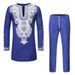 Men's African print casual mid-length deep V robe T-shirt casual pants suit_voghion.com