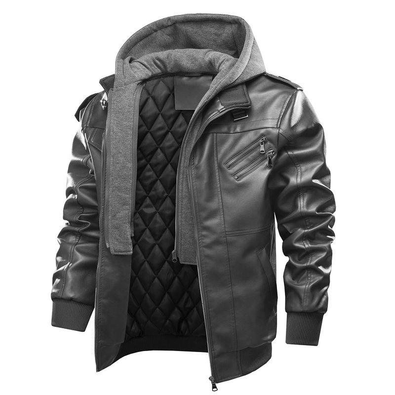 Couro PU de motocicleta casual masculino tamanho americano com algodão para aquecer, jaqueta de grandes dimensões com capuz engrossado e destacável_voghion.com