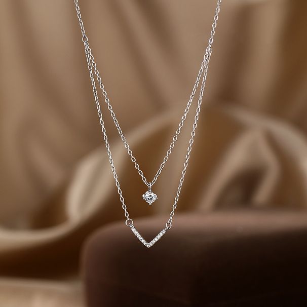 Japanese Korean V-shaped Double Layered Necklace Women's Style, Light Luxury And High-end Feel, Inlaid With Zircon_voghion.com