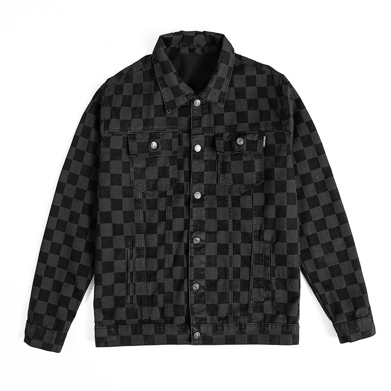 Giacca in denim con stampa a quadri da uomo, casual, ampia, a quadri, nera, a maniche lunghe_voghion.com