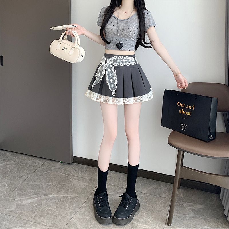 Gonna a tubino con vita alta, plissettata, casual, con cintura in pizzo, per primavera ed estate, per donna_voghion.com