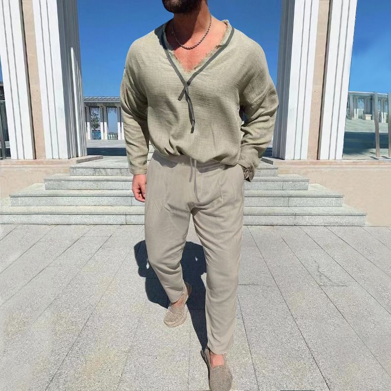 2022 Sommer neues Baumwoll-Leinen-T-Shirt, Hose, lässiger einfarbiger langärmeliger Herren-Herbstanzug_voghion.com