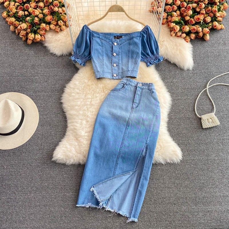 Women's Clothing A-line long side split denim skirt women's two sets of square collar short top_voghion.com