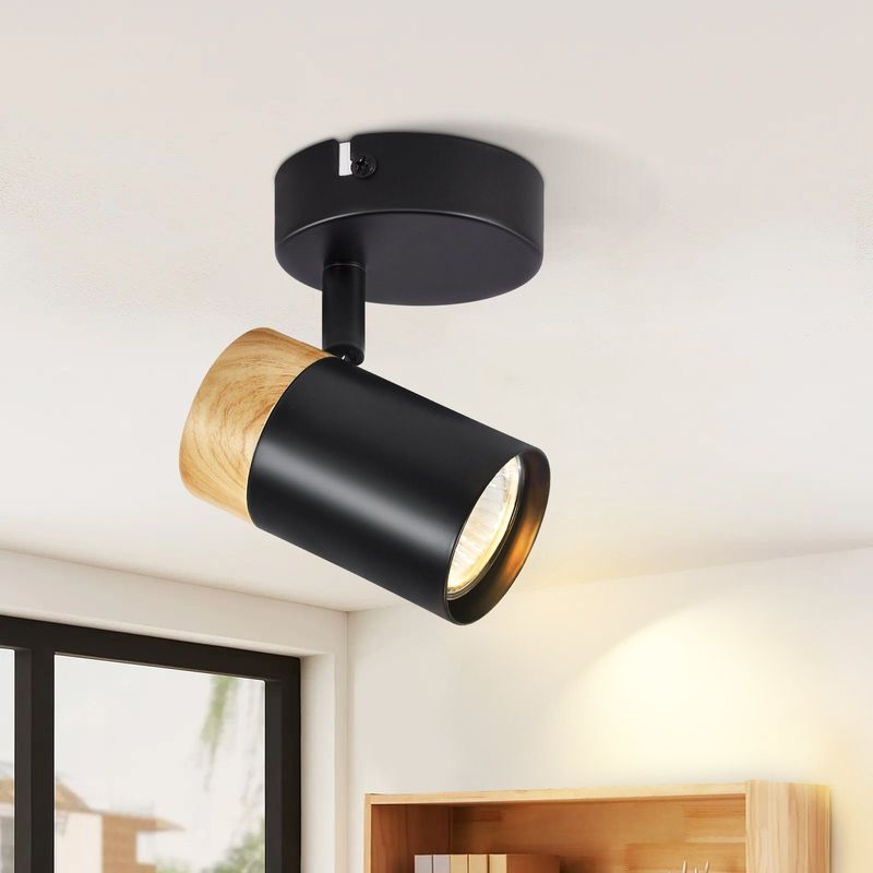 Deckenstrahler Holz Deckenleuchte 1 Flammig - Deckenspots GU10 Schwenkbar 330° LED Flurlampe Schwarz Vintage Deckenlampe Innen - Ohne Leuchtmittel_voghion.com
