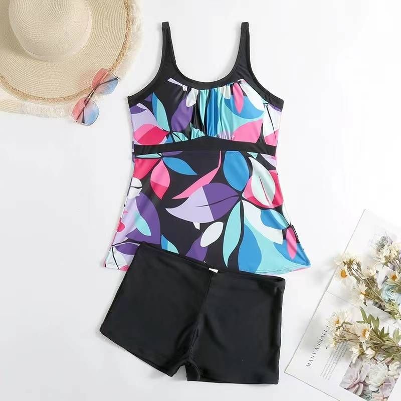 European and American conservative split swimsuit, women's boxer shorts, loose top, belly covering, slimming swimsuit_voghion.com