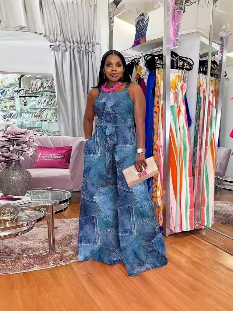 Women's Clothing casual fashion printed belt suspenders pocket one piece wide leg pants_voghion.com