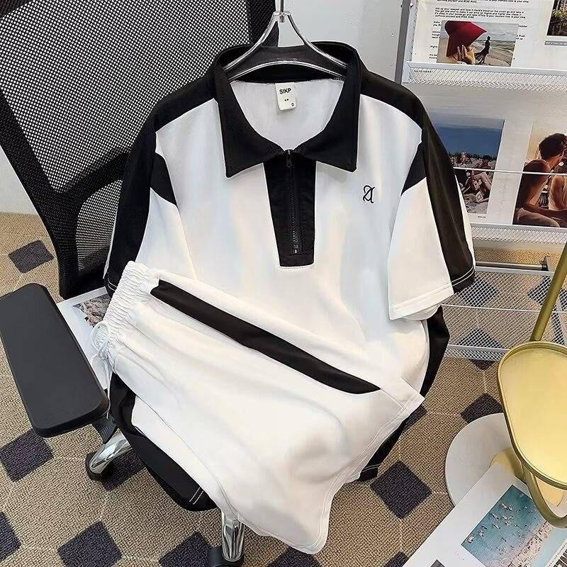 Herrenbekleidung Sommer Ins Trendy Casual Sportanzug Herren Poloshirt T-Shirt Kontrastfarbe Oberteil Koreanischer Stil Mit Shorts Zweiteiliger Anzug_voghion.com