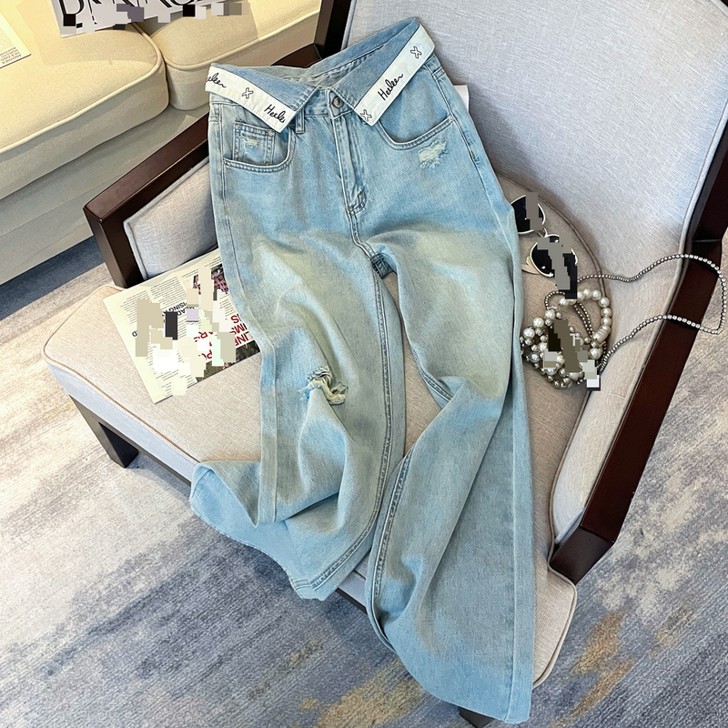 Pantalones vaqueros ajustados y holgados de cintura alta con puños y letras de estilo veraniego para mujer, pantalones de pierna ancha._voghion.com
