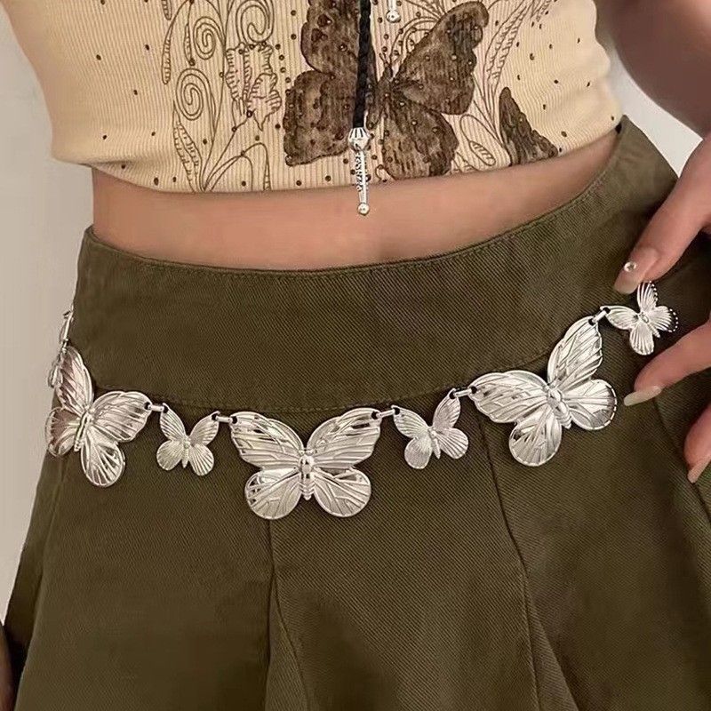 Chaîne de taille en métal pour femme, accessoire au design unique, ceinture tendance à pompon en forme de cœur et de papillon_voghion.com