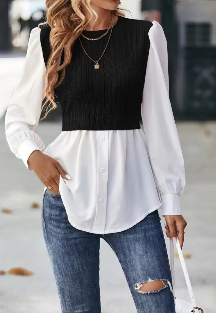 Women's round neck wave strip stitching fashion blouse temperament blouse_voghion.com