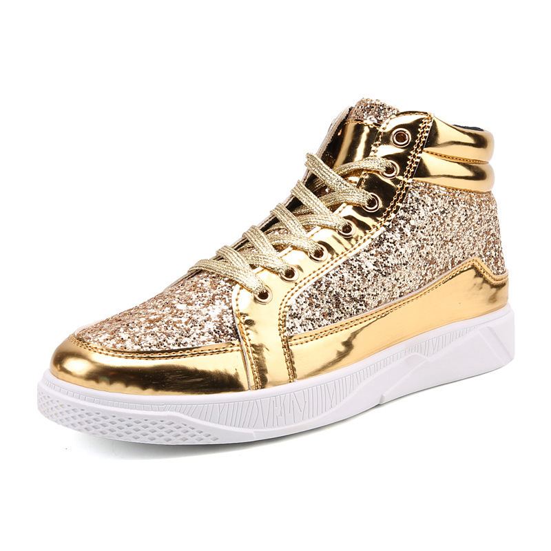 Häreschong Grouss Gréisst Liederstiefelen Glanzperséinlechkeet Martin Stiefelen Hären Casual Turnschuhe High Top Bühn Retro Goldstiefelen_voghion.com