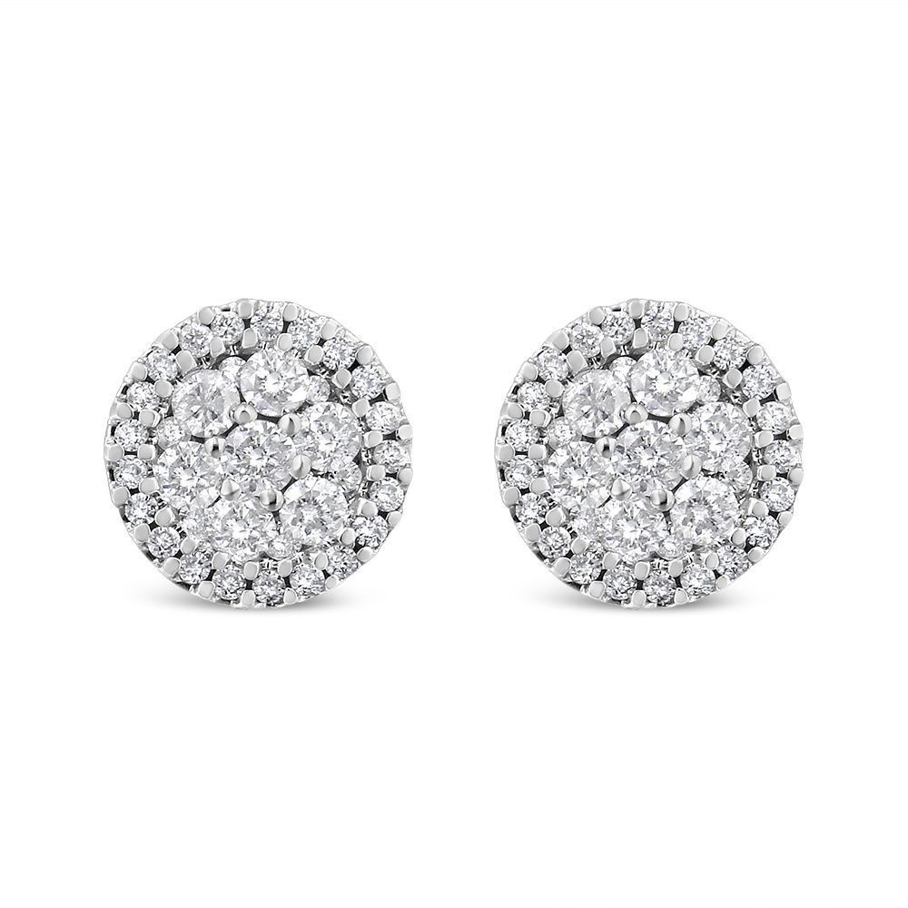 AGS Certified 14K White Gold 1.0 Cttw Brilliant-Cut Diamond Halo-Style Cluster Round Button Stud Earrings (G-H Color, I1-I2 Clarity)_voghion.com