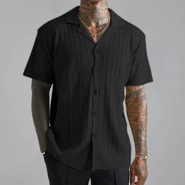 Men's Knitted Sweaters Summer New Solid Color Tops Men's Short Sleeved Lapel Hollow Breathable_voghion.com
