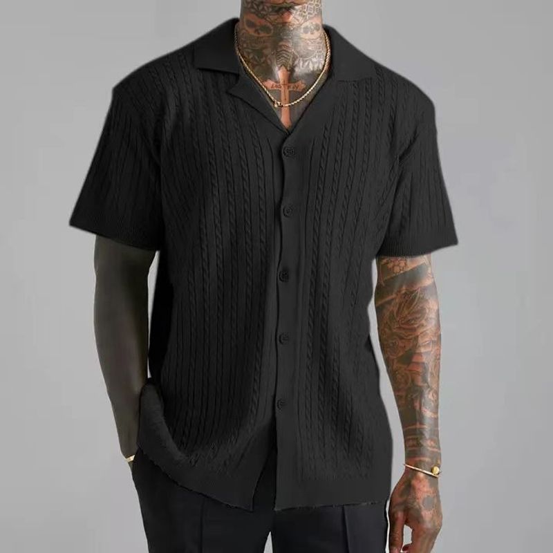Herren Strickpullover Sommer Neue einfarbige Oberteile Herren Kurzarm Revers Hohl Atmungsaktiv_voghion.com
