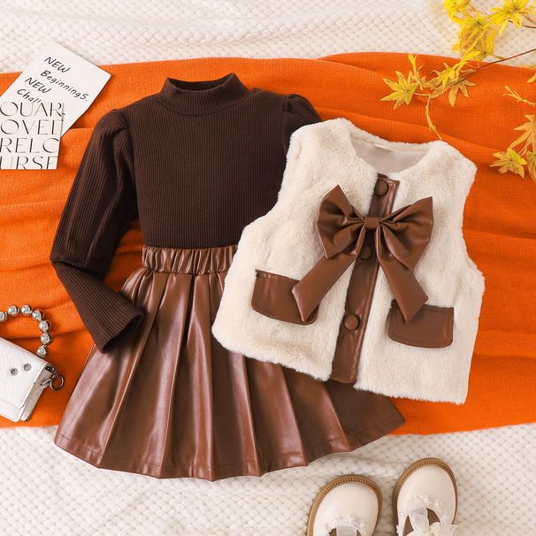 2025 Hot Style Europäische und amerikanische Cross Border Winter Mädchen Anzug Langarm Top mit pelzigen Weste Plissee Lederrock dreiteiliges Set_voghion.com