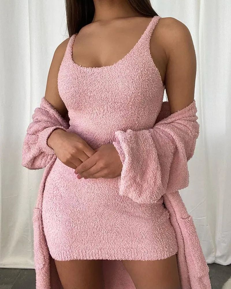 Dameskleding thuiskleding lange mouwen pluche modieuze casual 2-delige jas jarretelrok pak eendelig drop shipping_voghion.com