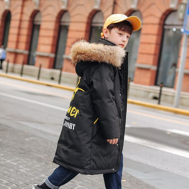 Mother & Kids Boys' Long Down Jacket Winter Warm Hooded Coat With Soft Touch, Korean Style Letter Print, Water-Resistant, 50% White Duck Feather_voghion.com