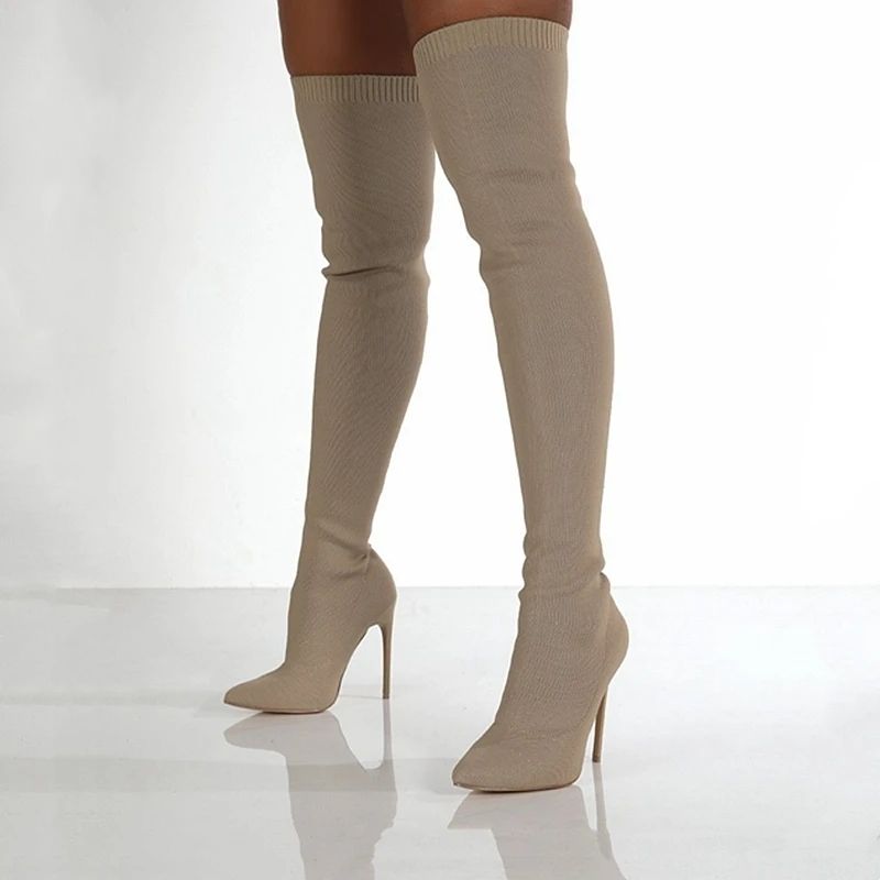 Ladies Socks Over The Knee Women Boots Stretch Fabrics High Heel Slip on Shoes Pointed Toe Woman Long Boots Size 36-43 S022_voghion.com