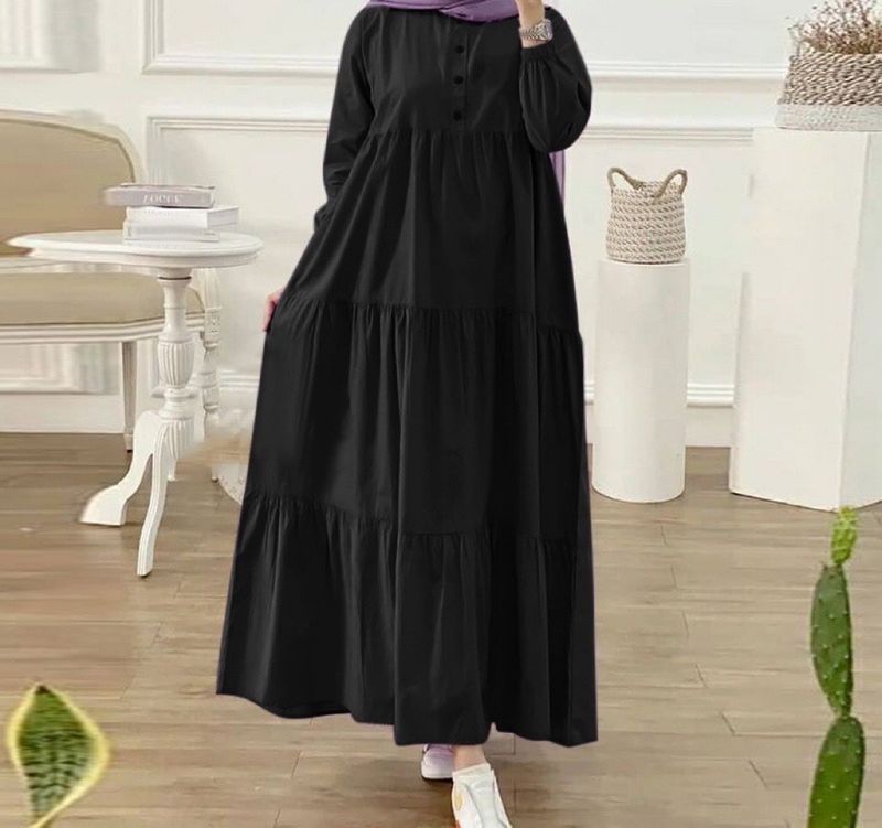 Roupas femininas novo muçulmano cor sólida solto casual botão pescoço manga comprida algodão e linho vestido_voghion.com