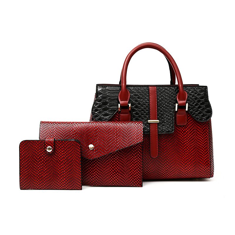 Modisches dreiteiliges Set mit Schlangenmuster und Farbblock, trendige Handtasche für Damen, Mutter-Kind-Tasche_voghion.com