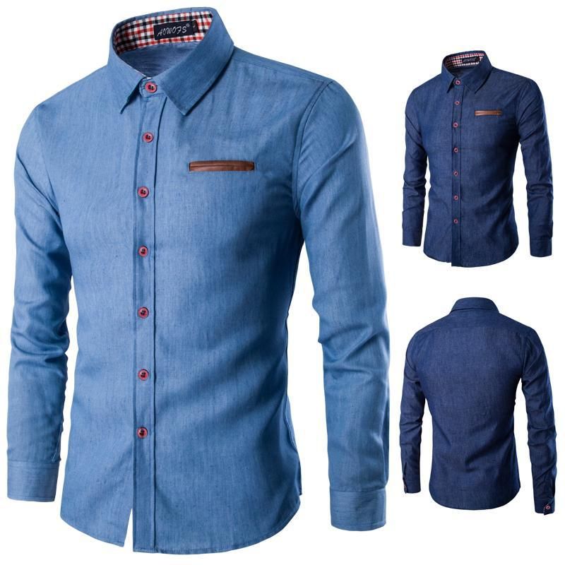 Ropa de hombre Camisa de cuero de manga larga Camisa vaquera de manga larga para hombre_voghion.com