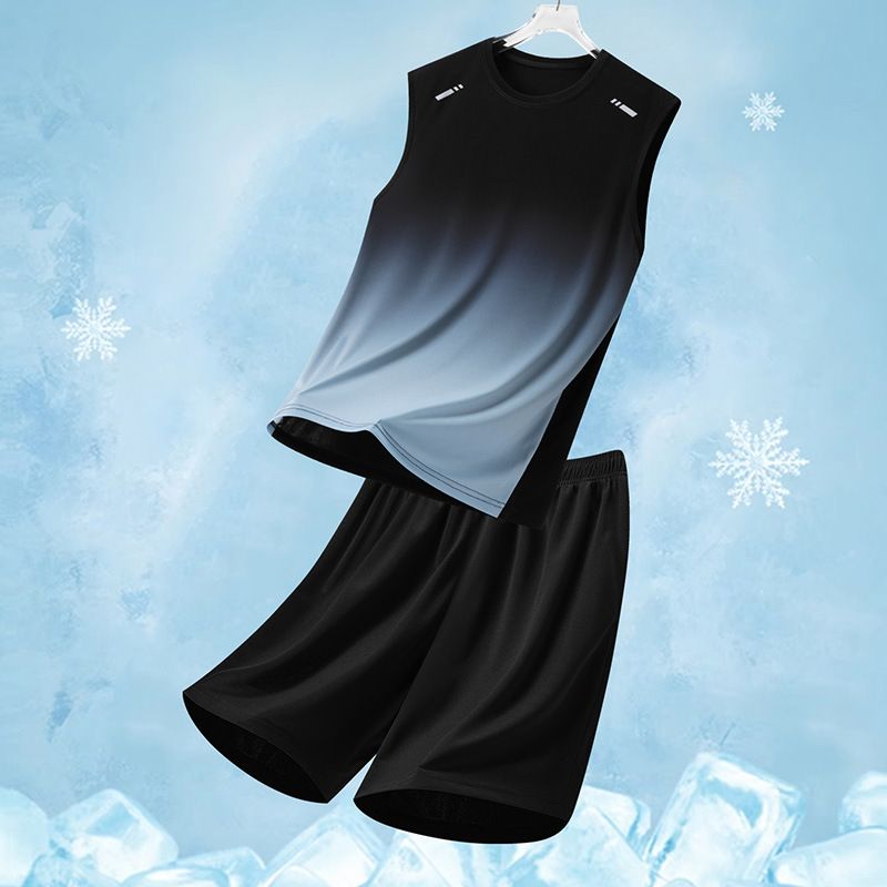 Tuta sportiva da uomo, estiva, da uomo, con stampa sfumata, ampia, due pezzi, traspirante, ad asciugatura rapida, con gilet e pantaloncini da uomo._voghion.com