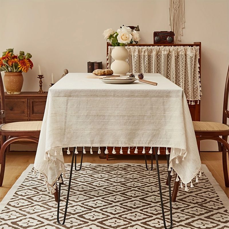 100% Linen Tablecloth – Modern Striped Rectangle Table Cover For Dining & Desk, 140×220cm Natural Fabric For Dust Protection, Minimalist Home Decor_voghion.com
