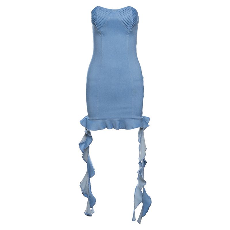 Women's Fashion One-line Collar Sleeveless Sexy Backless Slim Denim Mini Dress_voghion.com