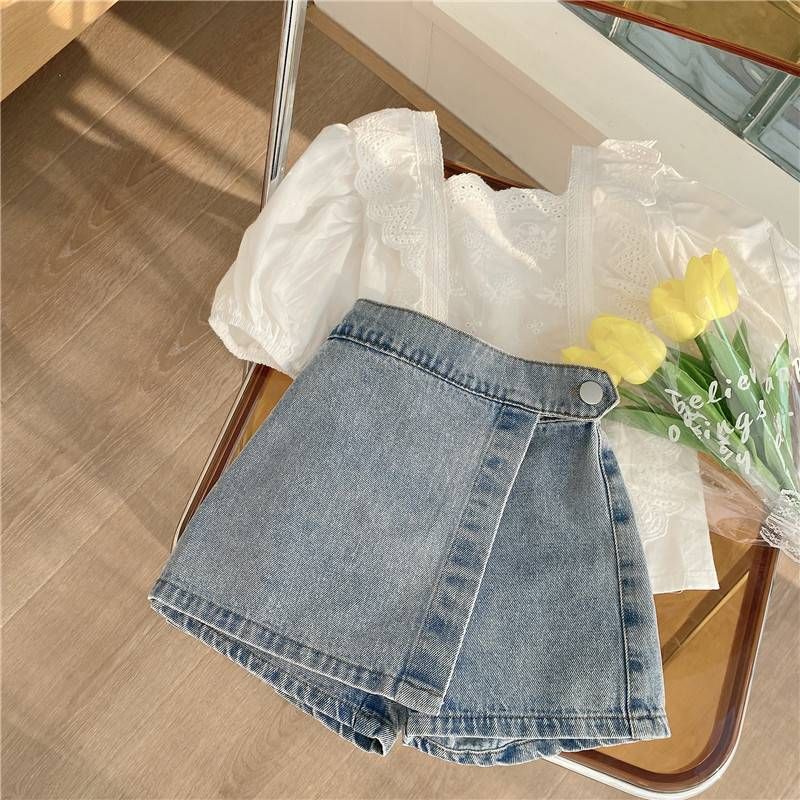 Vêtements pour enfants filles mode deux pièces haut en dentelle et ensemble de jeans_voghion.com