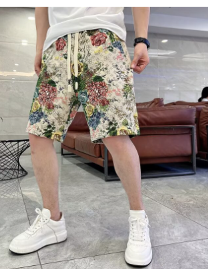 Men's clothing Beach pants fashion print casual shorts new style painted rose shorts men summer personality floral straight pants_voghion.com