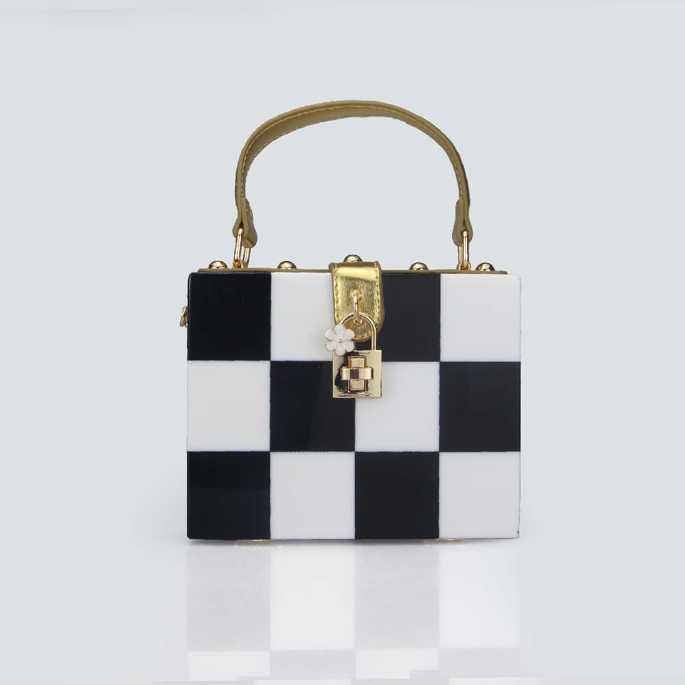 Trendy Korean-Inspired Checkerboard Acrylic Box Bag – Versatile Shoulder & Crossbody Clutch With Lock Closure_voghion.com