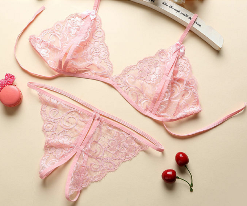 Sexy Lace-up Lingerie Set Women Hot Exotic Open Crotch Transparent Underwear G-string Bandage Bikini Three-point Set_voghion.com