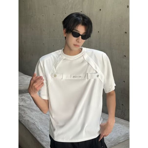 Maglietta a maniche corte con cerniera in metallo e piccola nicchia, da uomo, con scollo tondo, spalline larghe, semplice, a mezza manica, tendenza_voghion.com