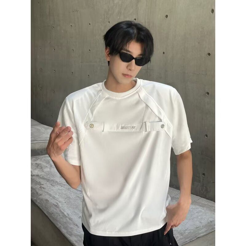 Small Niche Metal Zipper Short Sleeved T-shirt Men's Round Neck Loose Shoulder Pad Simple Half Sleeve Trend_voghion.com