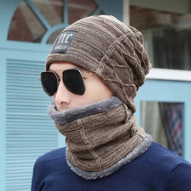 Winter hat men's trendy autumn and winter men's knitted hat plus velvet thickened woolen hat pullover hat and scarf suit_voghion.com