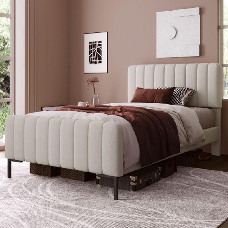Polsterbett Einzelbett 90 X 200 Cm, Bettgestell Mit Lattenrost Und Verstellbares Kopfteil, Gepolstertes Bett In Grau-Beige, Bettrahmen Jugendbett Für Schlafzimmer Gästezimmer-Leinenmaterial_voghion.com