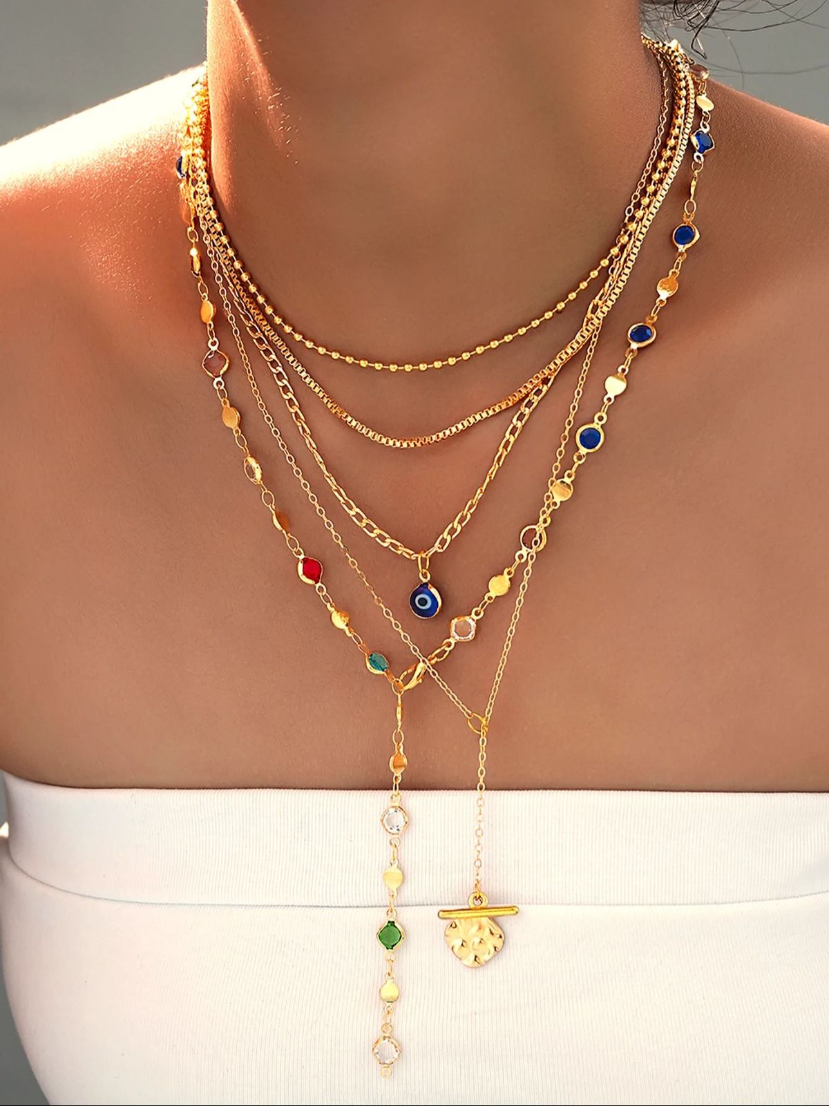 2/1-piece Fashionable Retro Elegant Devil's Eye Y-shaped Long Necklace Set For Women, Multi-layer Necklace Set, Suitable For Daily Wear, Gatherings, V_voghion.com