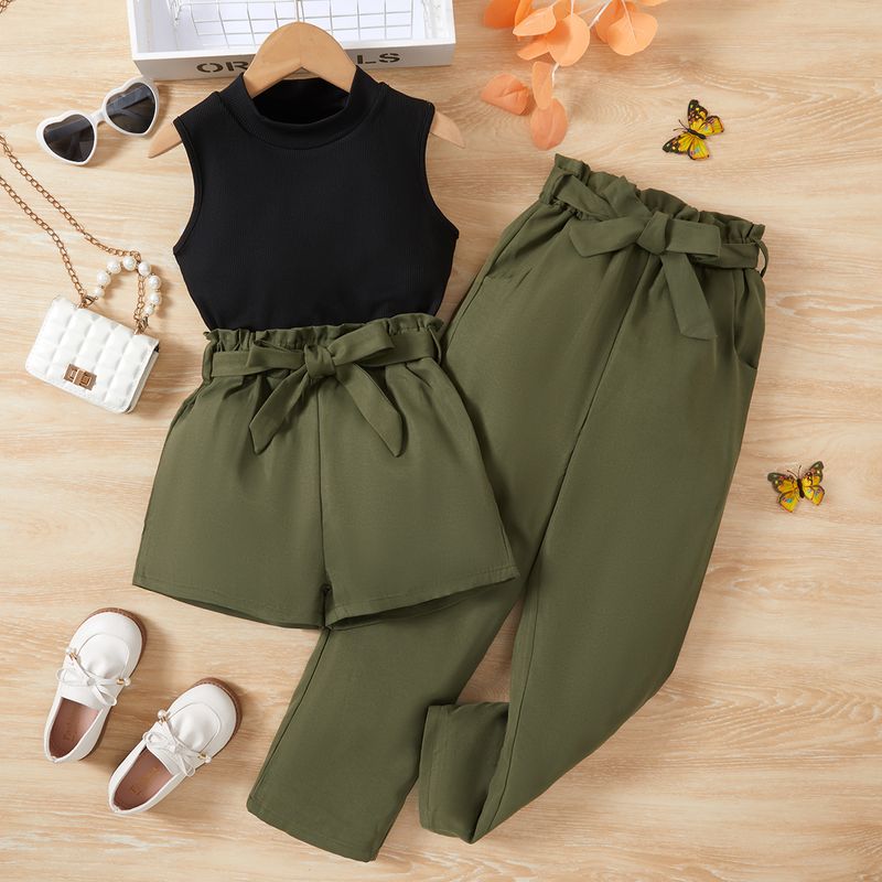 Tween Girl Stehkragen Weste und Paperbag Taille Shorts und Hosen Set, zweiteilig_voghion.com